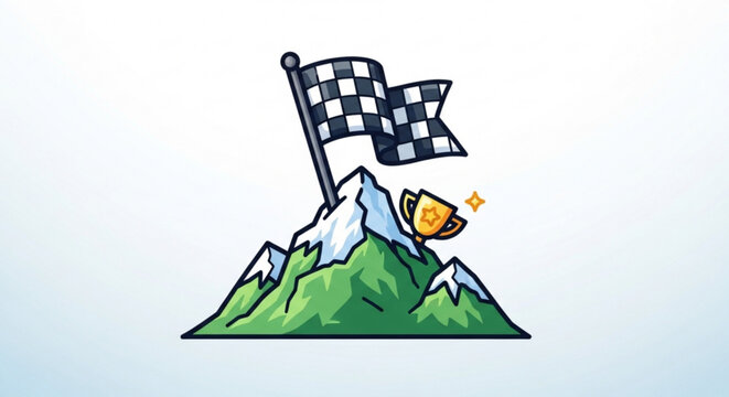 Illustration depicting success on a mountain peak, with a checkered flag and trophy, symbolizing achievement and victory