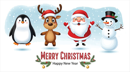 Festive christmas characters including penguin, reindeer, santa claus, and snowman stand together in a snowy scene, wishing merry christmas and happy new year