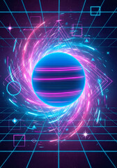 Naklejka premium A vibrant digital depiction of a celestial body with a dazzling neon swirl, surrounded by geometric shapes and a grid-like backdrop