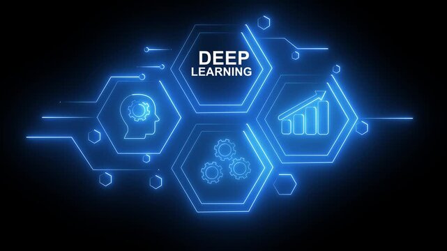 Abstract neon Hud knowledge ability business gear icon Glowing neon line concept. Glowing "DEEP LEARNING" button in German on a futuristic, abstract wave technology on black background.