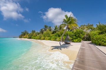 Best Maldives Beach Landscape for Popular Summer Vacation Destination. Top Holiday Scenic View Jetty Beautiful Palm Trees Swing, Relaxing Sea, White Sand, Bright Sky, and Gentle Waves. Perfect Travel