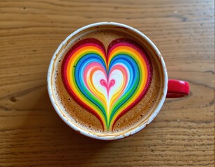 Rainbow Heart Latte Art on Wooden Table: A Colorful Celebration of Love and Diversity with Cinematic Clarity