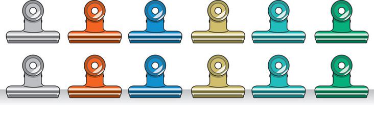 赤・銀・青・金・緑・深緑の目玉クリップのイラスト（文房具・カラーバリエーション・事務用品）