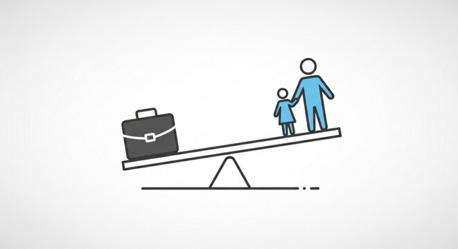 Work life balance concept with a briefcase and a parent and child on a balance scale, , symbolizing family and career