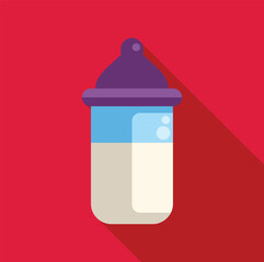 Baby bottle icon containing milk on red background with long shadow