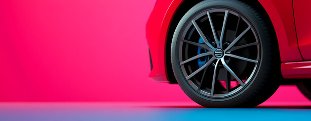 A close-up shot showcases the wheel of a vibrant red car against a vivid magenta backdrop, accented with a cool blue base, highlighting the car's design and aesthetic appeal.