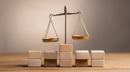 Balanced Scale on Wooden Cubes Symbolizing Justice and Fairness, Representing Legal System, Equity, Decision Making, and Ethical Principles in a Minimalistic Setup for Law and Order Themes