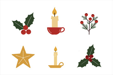 Festive christmas elements collection including holly berries candles and star for holiday design