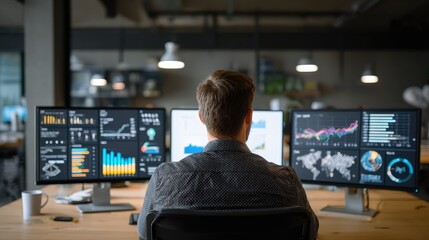 Fototapeta premium Professional male analyst working with multiple computer screens displaying business analytics and data visualization in a modern office environment with a contemporary design.