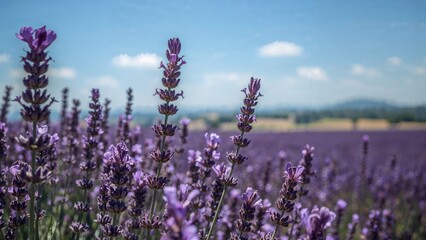 Obraz premium Blooming stunning lavender fields with beautiful purple flowers close up.