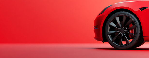 A striking red car gleams against a matching backdrop, its sleek design highlighted by the contrasting black wheel rim, embodying modern automotive aesthetics. #Automotive #SleekDesign