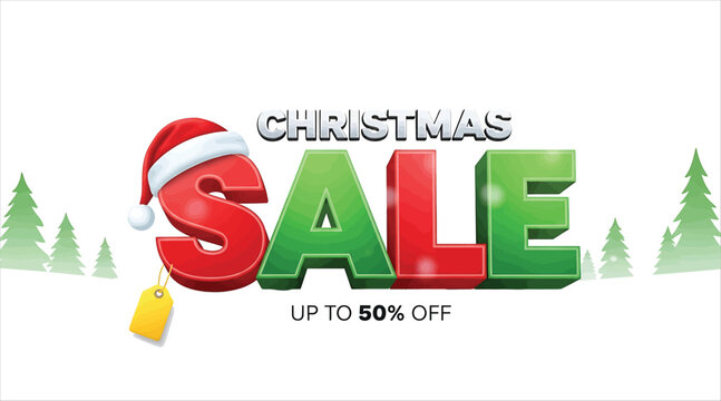 Christmas sale banner featuring the words christmas sale with a santa hat on the letter s and the text up to 50 off