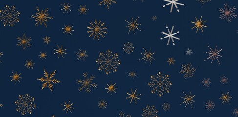 Stunning golden and silver snowflakes on a deep blue backdrop, perfect for Christmas, winter, and holiday designs. A festive and elegant illustr