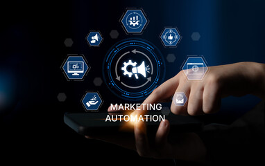 Marketing automation diagram showcase AI-driven campaign workflow, highlight marketing automation, data-driven strategy, marketing automation tools, and market automation process in business. Spline