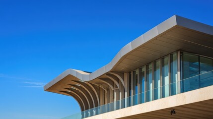 Fototapeta premium Modern architectural design showcasing a sleek building exterior with unique roof lines against a clear blue sky, emphasizing innovation and contemporary style elements.