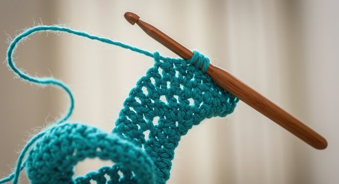 Wooden hook actively creates patterned fabric with bright yarn