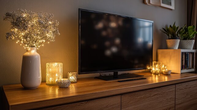 Cozy Living Room Setup with Decorative Candles, Fairy Lights, and Modern Television Displaying Warm Ambiance for Relaxed Evening Gatherings and Comforting Home Vibes