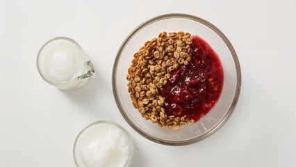 Breakfast with Muesli and Preserves, served with milk and yogurt