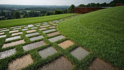 Multicolored nested pavers enhancing stylish garden with green grass.