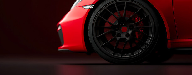 A vibrant red car takes center stage, its sleek design accentuated by dark rims. The focus on the wheel and front end showcases the car's performance and style. #automotiveexcellence