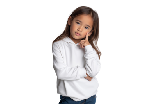 Cute young girl in a white hoodie with a thoughtful expression, conveying curiosity and contemplation, isolated on transparent background