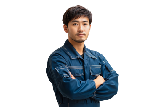 Young Asian male mechanic in a blue uniform, arms crossed, isolated on transparent background - Powered by Adobe