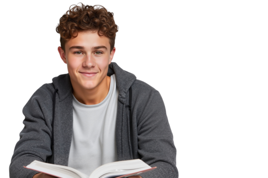 Handsome teenage boy smiling genuinely while holding an open book, representing education, learning, and youth
