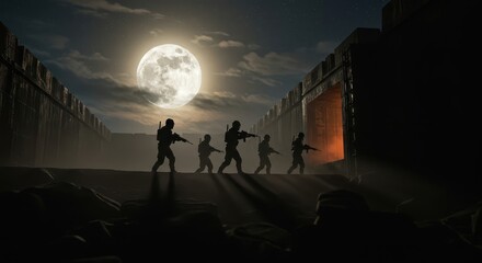 Heavily armed figures advance in formation beneath a bright full moon near a massive fortified structure opening.