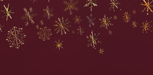 Stunning golden snowflakes floating against a deep burgundy backdrop, perfect for festive designs and winter themes. Ideal for holiday greetings © vegefox.com