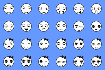 Various forms of male and female character face emoji icons, isolated on a blue background, vector