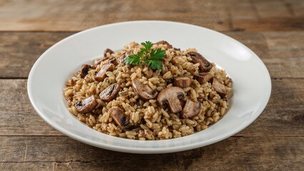 Mushroom-infused diet pilaf with mushrooms and grains served on a white plate.