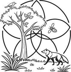 Mystical tree of life with ancient symbols and woodland creatures isolated on transparent background