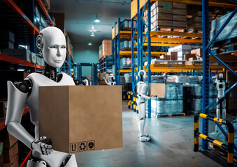 Innovative industry robot working in warehouse for human labor replacement . Concept of artificial...