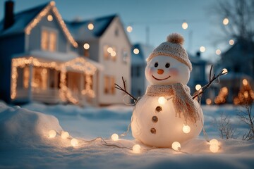 Smiling snowman with knitted hat and scarf decorated with glowing Christmas string lights, standing in snowy front yard with blurred festive house in background