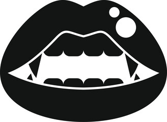 Vampire biting lips showing fangs and teeth in monochrome style