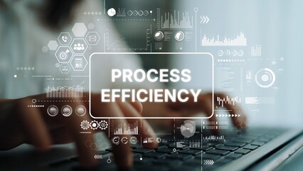 Hands Typing on Laptop with Overlay of Data Visualizations Representing Process Efficiency and Workflow Optimization. Asymptotic smart data analytic.