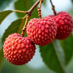 Close up of fresh lychees with morning dew on branch