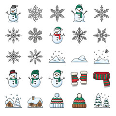 Christmas Winter Icons: Snowman, Snowflakes, Scarf, and Snowy House Set
