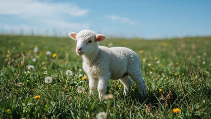 Obraz premium Happy Little Lamb in a field with dandelions and yellow flowers on a sunny day.
