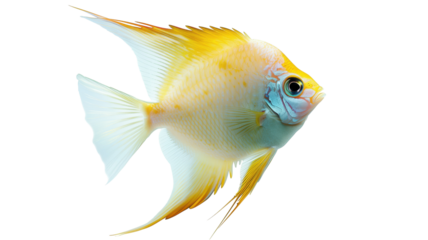 Vibrant yellow fish swimming gracefully in clear water showcasing its colorful fins, isolated on white background
