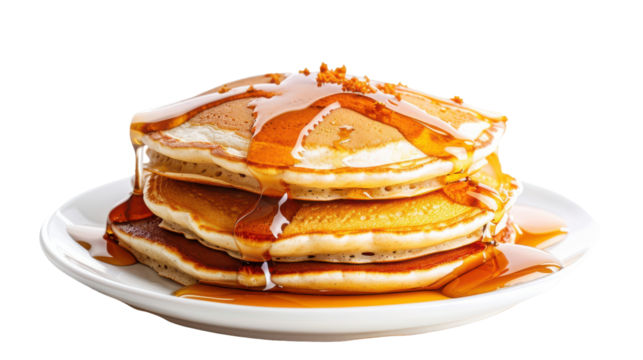 Stack of fluffy pancakes drizzled with syrup on a white plate served in a cozy kitchen, isolated on white background