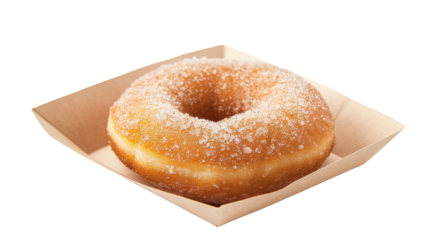 Freshly baked donut on a wooden tray showcasing its sugary glaze and inviting texture, isolated on white background