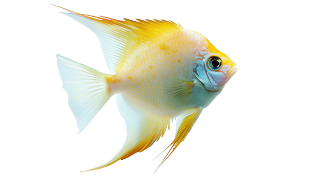 Vibrant yellow fish swimming gracefully in clear water showcasing its colorful fins, isolated on white background