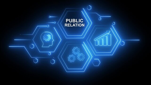 Abstract neon Hud knowledge ability business gear icon Glowing neon line concept. Glowing "PUBLIC RELATION" button in German on a futuristic, abstract wave technology om black background.