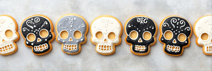 Festive row of decorated skull cookie and sugar skull food for Day of Dead celebration. These spooky yet fun sweet dessert treats for happy Halloween party