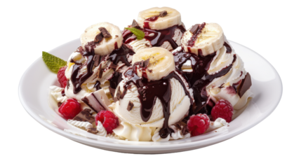 A delicious dessert featuring a banana split topped with chocolate syrup and whipped cream, isolated on white background