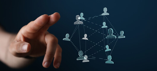 Abstract network of people connected by lines and touching hand, symbol of communication, business cooperation, teamwork, and digital technology