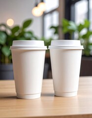 Blank white coffee cups in modern cafe.