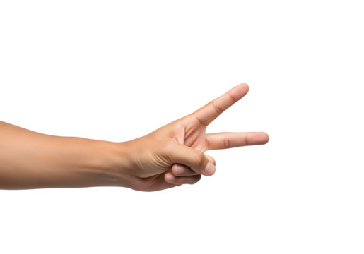 human hand gesturing the peace sign, hand signal, friendship, agreement, isolated on white or transparent background. PNG