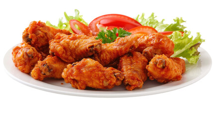 Fototapeta premium Crispy fried chicken wings served on a plate with fresh vegetables and garnish, isolated on white background